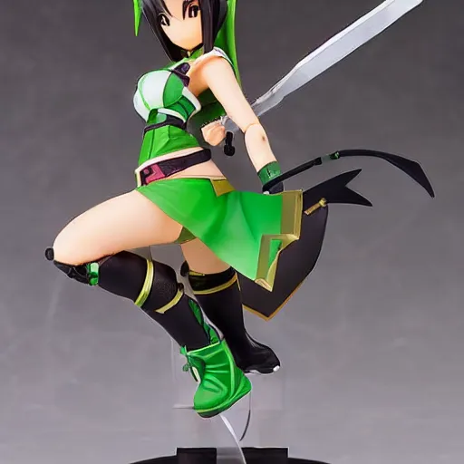 Prompt: league of legends akali as a Figma doll. Posable anime figurine. Kamas-wielding, green litham veil, green croptop. ponytail assassin girl. Ninja sickle. PVC figure 12in.