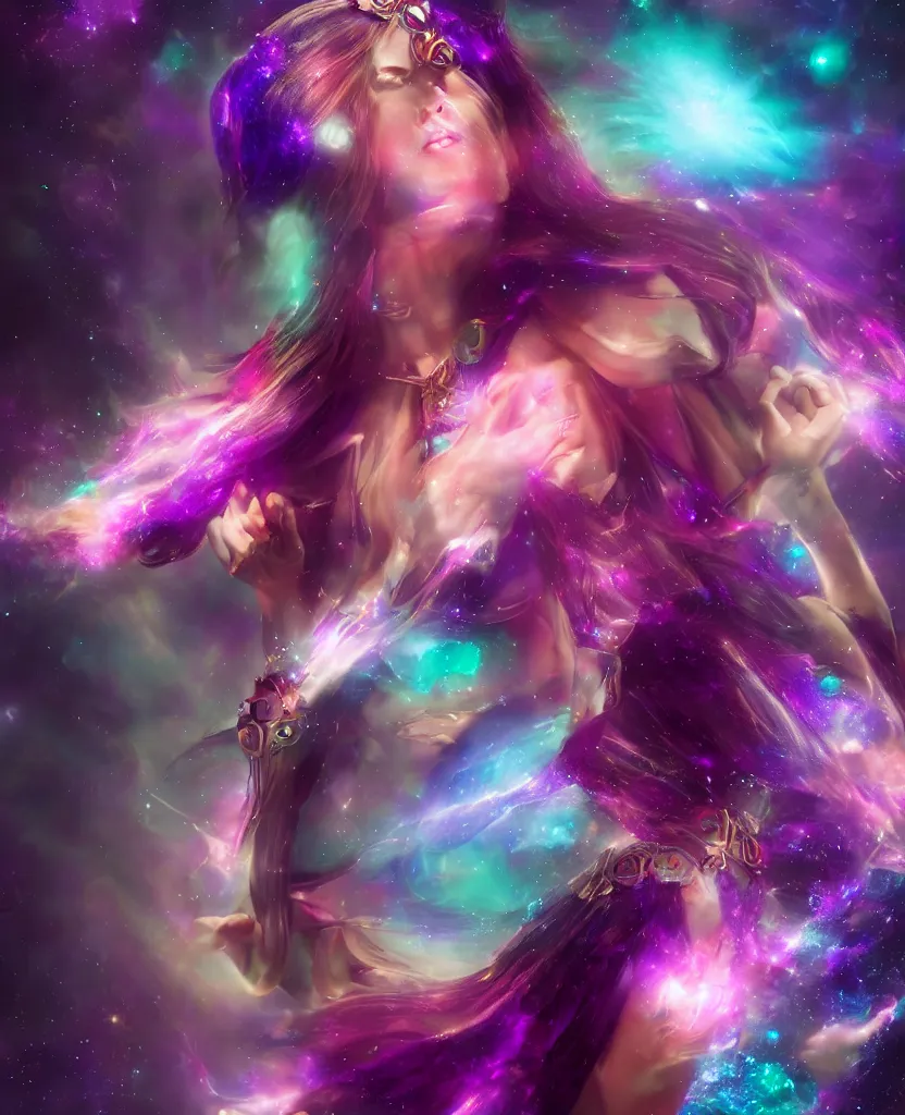 Prompt: Celestial goddess of time and space floating in the cosmos striking beauty oracle trending on artstation purple amathist color scheme + gemstone crystals + realistic + photorealistic + octane render