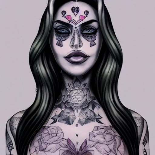 Image similar to a tattooed drow woman with beautiful eyes, symmetrical face, and a latex top