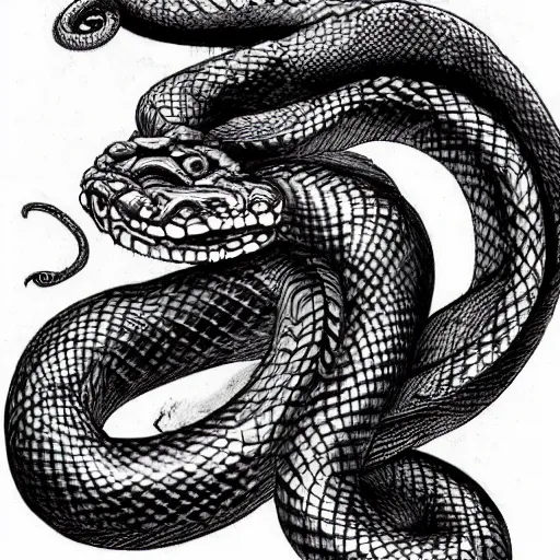 Prompt: a snake with a human face and human arms, serpent, kentaro miura art style