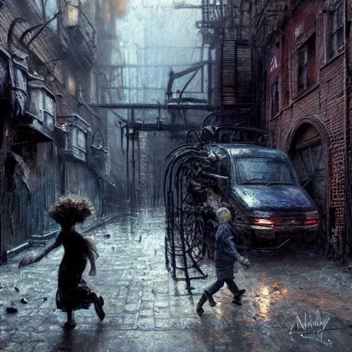 Image similar to sadie sink quickly runs by us | a mechanical monstrosity runs towards us | background : alleyway near decaying tenements. concept art for scifi dystopian film. by nikolay makovsky, bob byerley, wadim kashin, andrea kowch. cinematic moody atmosphere, detailed and intricate, perfect anatomy