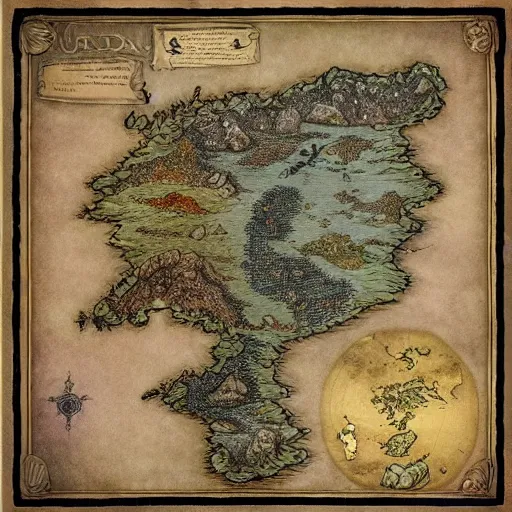 Image similar to fantasy map of an ancient land of Odrua in the Fantasy world of Lute, showing continents archipelagos cities mountains deserts rivers coastlines kingdoms by JRR Tolkien by Brian Froud and Yoshida Hiroshi