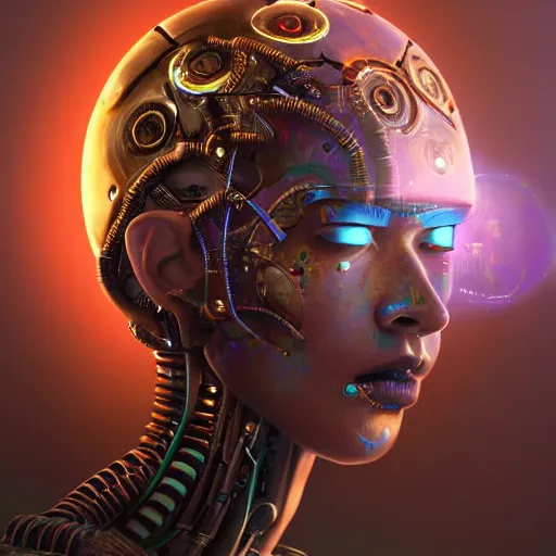 Prompt: A beautiful and hyperrealistic portrait of a futuristic robot monk by KDA and Sam Yang and anna dittman and beeple and Seb McKinnon:2.00, decorated with occult symbols, arcane drawings, bright electric fire, dramatic light, gears and industrial parts, detailed robot parts, mainboards and machines, trending on Artstation, golden ratio composition