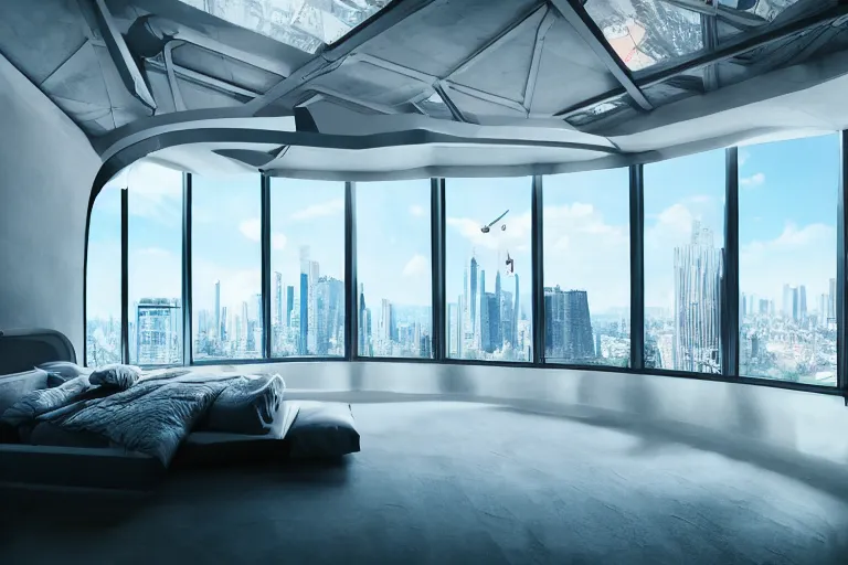 Image similar to a futuristic sparse bedroom with large curved ceiling high windows looking out to a far future cyberpunk cityscape, flying drones outside, night time, cyberpunk neon lights, raining