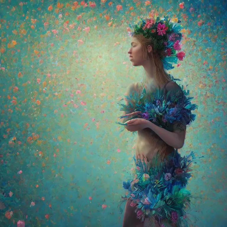 Prompt: a beautiful oil painting hyperrealism of a beautiful young woman, flowers, floral headdress, 8 k resolution, octane render, trending on artstation, by gediminas pranckevicius, volumetric light 2 blue fractal thunder glow by dan mumford, anaglyph effect, laurie lipton