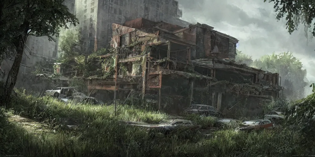 Image similar to an environmental concept art of the last of us, highly detailed, environmental light, cinematic by francis tneh