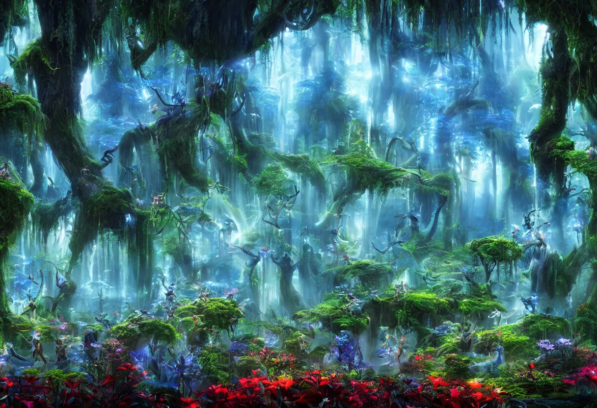 Image similar to A masterpiece digital art piece of a glowing magical forest form the movie Avatar. There are glowing blue plants, glowing red mushrooms, big trees and overhanging shrubbery. The air is fresh, stress-relieving. Heaven on earth. Trending on Artstation, cgsociety.