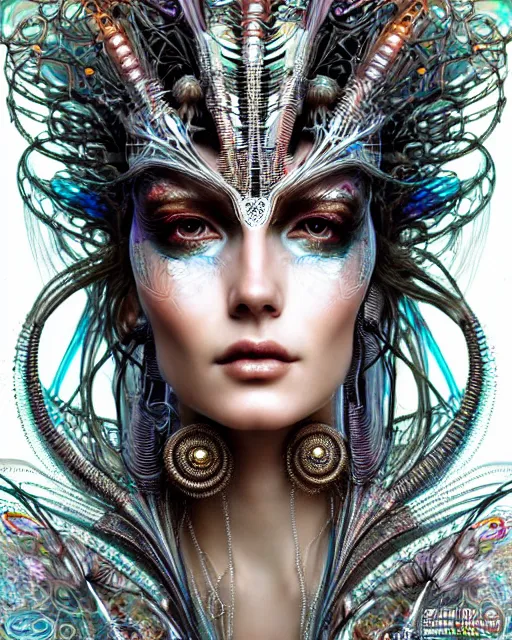 Image similar to hyperrealistic detailed portrait of a beautiful goddess in a cyber headdress, intricate cyberpunk make - up, art by android jones, ernst haeckel, nekro borja, alphonso mucha, h. r. giger, ornamental gothic - cyberpunk,