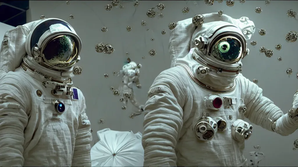 Image similar to a cybernetic symbiosis of a single astronaut eva suit with diamond 3d fractal lace iridescent bubble 3d skin covered with insectoid compound eye camera lenses floats through the living room, film still from the movie directed by Denis Villeneuve with art direction by Salvador Dalí, wide lens,