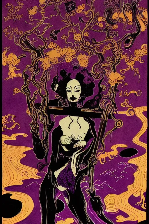 Image similar to dark magenta and purple ink with intricate designs, tarot card, a halloween scarecrow, full of golden layers, black cats, cobwebs, spiders, swirles, curves, wave, by louise nevelson and hokusai and jean giraud and mike mignola and john howe, trending on artstation, elaborate illustration, incredible depth