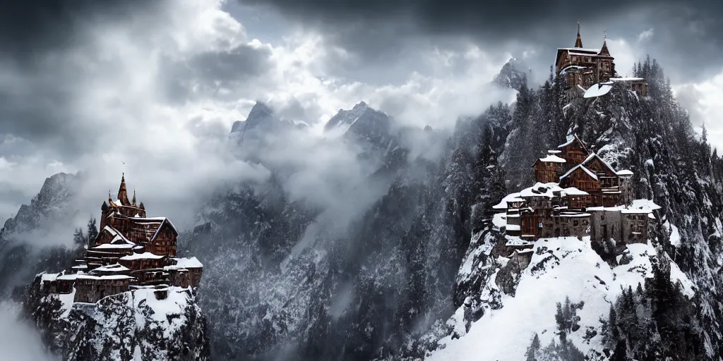 Image similar to A monastery on top of a snowy mountain surrounded by epic clouds by max schiller, cinematic, cinema lighting, ultra realistic, concept art, award winning