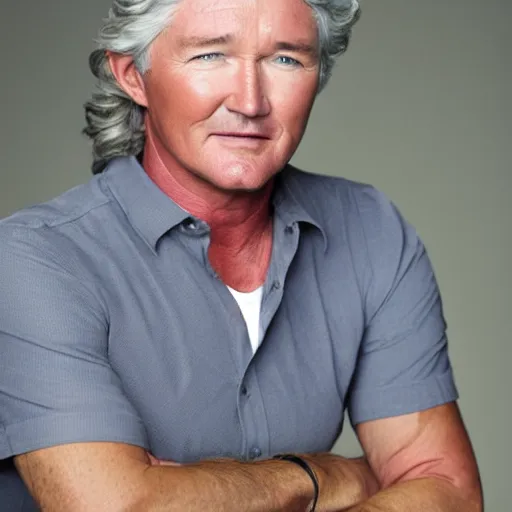 Image similar to patrick duffy, he has very long length straight grey hair, wearing a white shirt