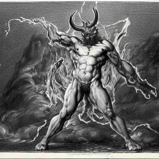 Image similar to full body grayscale drawing by Gustave Dore of muscled humanoid balrog beast with horns in heroic pose, swirling flames in background