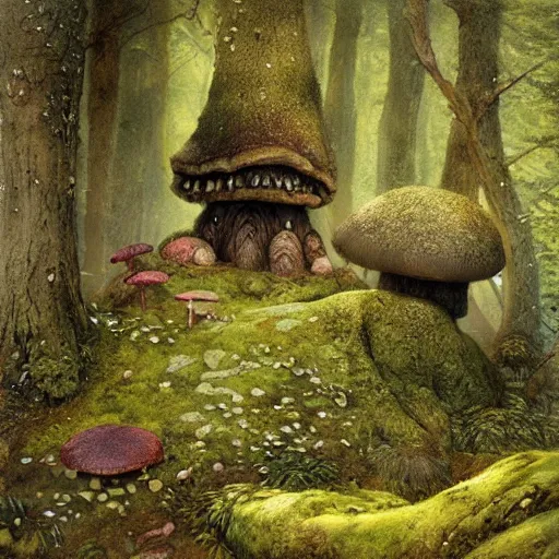 Image similar to moss - clad troll stone, mushrooms, mysterious forest, epic, fantasy, intricate, hyper detailed, artstation, concept art, smooth, painting by john bauer