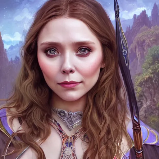 Image similar to Elizabeth Olsen as a elf archer, cute, fantasy, intricate, elegant, highly detailed, centered, digital painting, artstation, concept art, smooth, sharp focus, illustration, art by artgerm and H R Giger and alphonse mucha