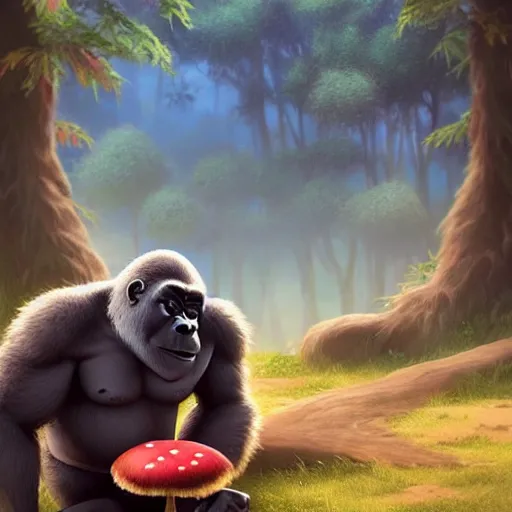 Image similar to a wholesome animation key shot of a gorilla holding a very small red mushroom, chilled out smirk on face, listening to music, jeep in background, studio ghibli, pixar and disney animation, sharp, rendered in unreal engine 5, anime key art by greg rutkowski, bloom, dramatic lighting