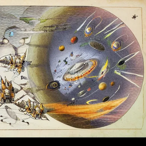 Image similar to spaceship convoy leaving the solar system through a wormhole, illustrated, artwork by Maria Sibylla Merian