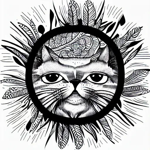 Image similar to tattoo sketch of a cat hugging the sun, on a canva, blackwork, ornamental, line art, vector,