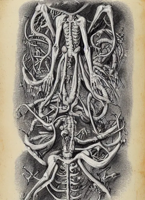 Prompt: a full page scan of detailed vintage illustrated anatomical drawing of how to raise the dead, handwritten, satanic, evil, grimoire page, necronomicon style