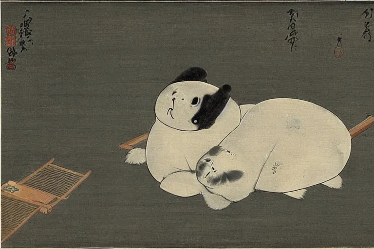 Prompt: baby harp seal as Yōkai, Japanese painting, 1800