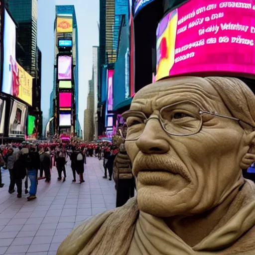 Image similar to a photograph of a very detailed renaissance clay sculpture of walter white wearing a phrygian cap in times square, made by michelangelo, shot from the distance, hyper detailed, sharp focus, 8 k resolution, ray tracing