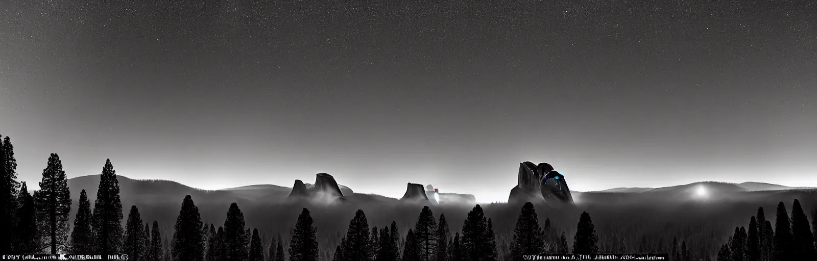 Image similar to to fathom hell or soar angelic, just take a pinch of psychedelic, medium format photograph of two colossal minimalistic necktie sculpture installations by antony gormley and anthony caro in yosemite national park, made from iron, marble, and limestone, granite peaks visible in the background, taken in the night