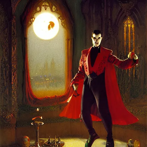 Prompt: attractive male dracula the vampire roller skating in a medieval style roller rink as a full moon shines through a window. highly detailed painting, by gaston bussiere, craig mullins, j. c. leyendecker 8 k