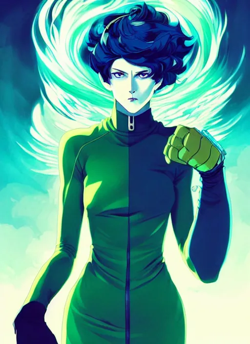 Image similar to style artgerm, joshua middleton, fubuki one punch man with green dress, very long blue hair, swirling water swirling, symmetrical face, symmetrical eyes, steampunk cyberpunk,, cinematic lighting