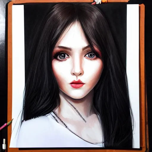 Image similar to a realistic illustration portrait of a beautiful cute girl with wavy black red hair, a pointy nose and, round chin black eyeliner, trending on artstation, hyper - realistic lighting