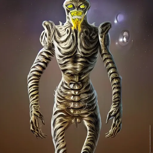 Image similar to a humanoid with cat-like features, yellow eyes, teeth that protrude past the lower lip like a saber-tooth tiger and fine grayish fur on their faces and backs of their hands wearing futuristic alien armor and carrying weapons, highly detailed,