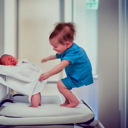 Prompt: newborn doing cartwheels in the hospital