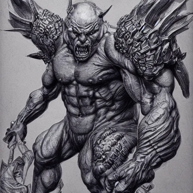 Prompt: detailed ballpoint pen illustration of a muscular gargoyle demon man, concept art, artstation