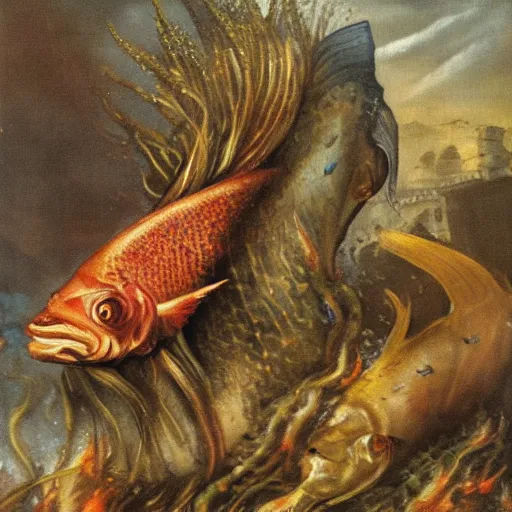 Image similar to surprised fish on a pile of fish in a cooking pot on fire, side view, by juan gimenez, dystopian art, rococo