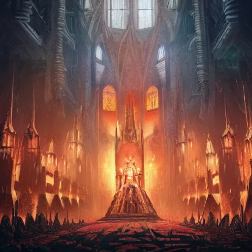 Prompt: epic battlefield. medieval. epic fantasy cathedral castle. denis villeneuve. hr giger. night. glowing light. orange and teal. artstation trending. destruction. final battle. epic fantasy film. high fantasy. highly detailed. fine details.