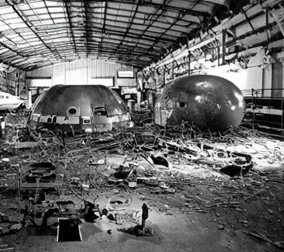 Prompt: Scientists examine UFO wreckage in a secret hangar, 1970s, hidden camera, black and white