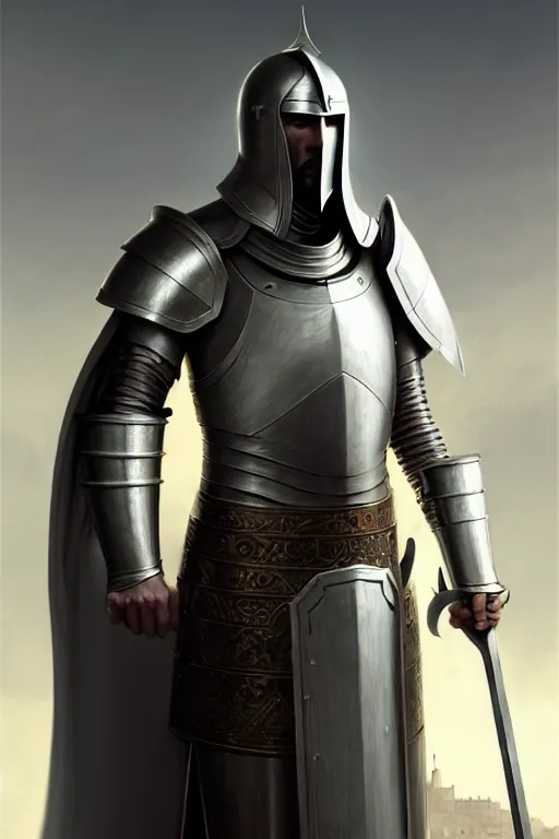 Prompt: white man looking forward in iron decorated plate armor, cylindrical crusader great helm covering all his head and white cape covering his back and elbows standing at the gates of jerusalem drawn by greg rutkowski realistic high detail