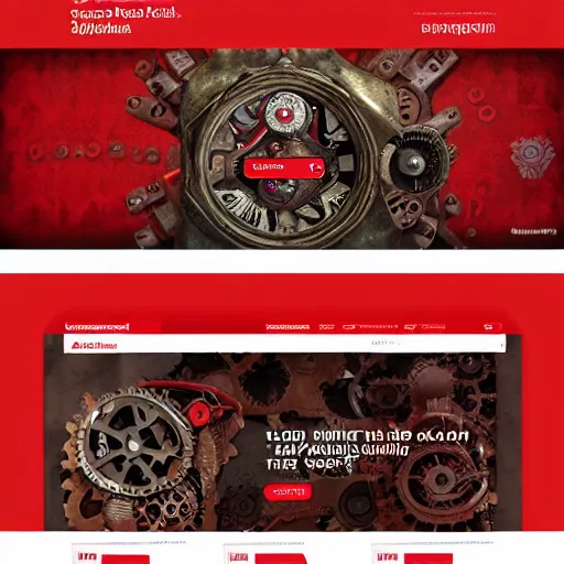 Prompt: a full ux layout of a steampunk mechanical dog dashboard and marketplace site design, red theme.