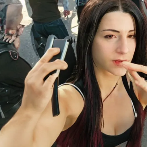 Image similar to Tifa Lockhart from Final Fantasy VII Remake (2020) taking a selfie in Italy