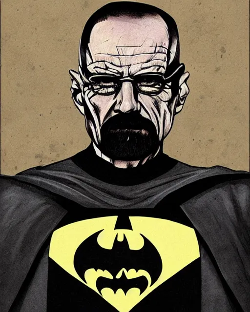 Image similar to portrait of walter white as the batman, illustration, art by neil gaiman