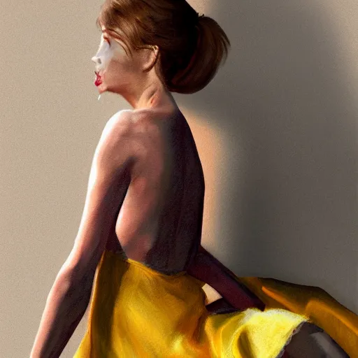 Prompt: a photo of a woman wearing a yellow dress with one leg exposed, the woman is barefoot, detailed body structure, detailed face with pink lips and blue eyes, digital art, highly detailed, high contrast, beautiful lighting, award winning, trending on art station, 8 k,