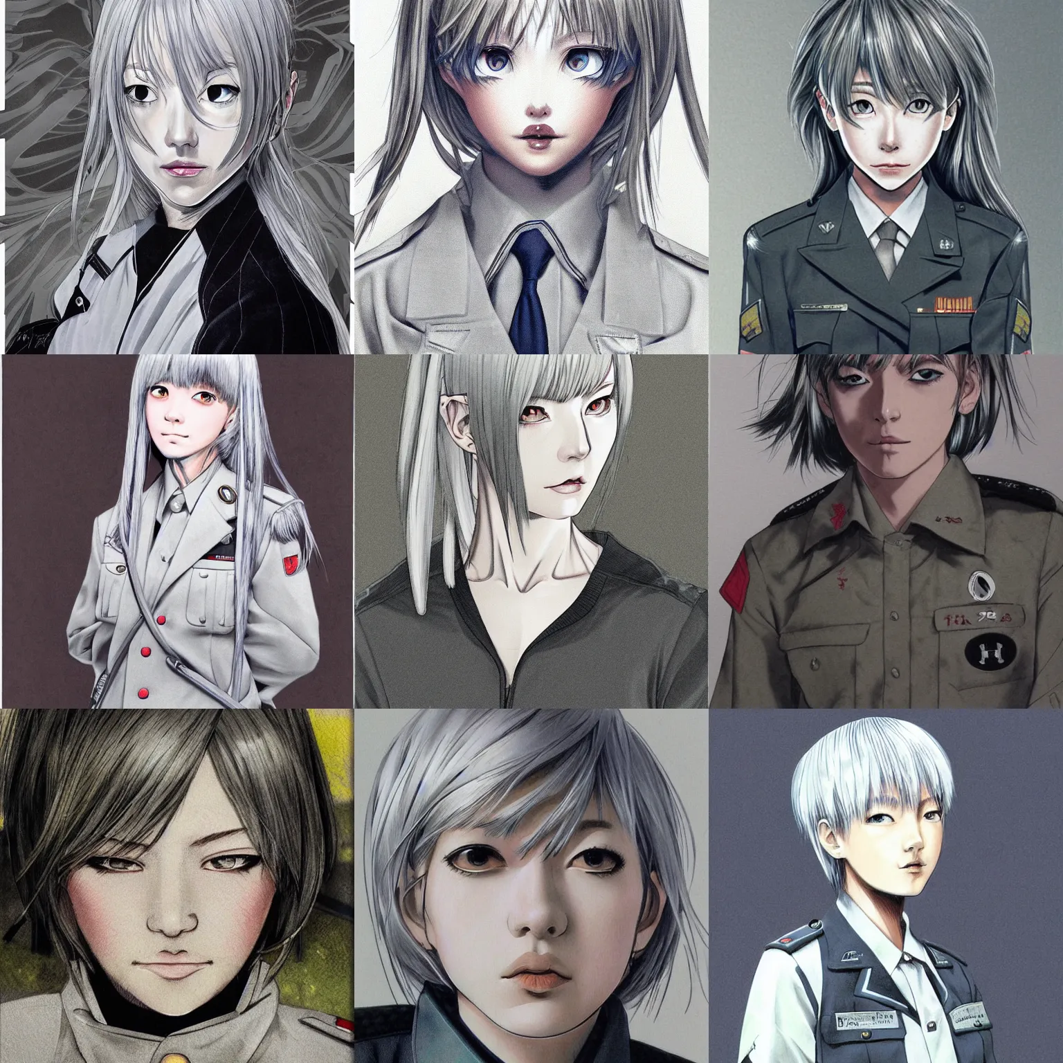 Prompt: silver hair girl, multicam uniform, portrait ilustration by Takehiko Inoue