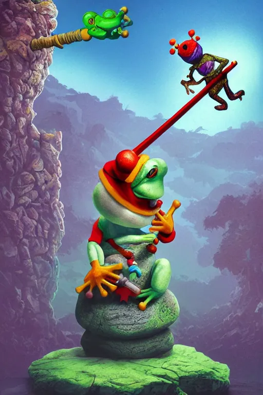 Prompt: clown frog king pulls the sword from the stone, artwork by Todd Schorr, 3D rendering by Beeple