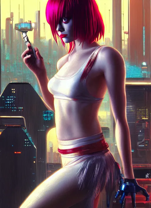 Prompt: portrait of Emma Stone as Leeloo from the fifth element as a character in Cyberpunk 2077, looking at camera, intricate, long blond hair, elegant, sci-fi, extremely detailed, digital painting, artstation, concept art, smooth, sharp focus, illustration, ambient lighting, incredible art by artgerm and greg rutkowski and alphonse mucha and simon stalenhag