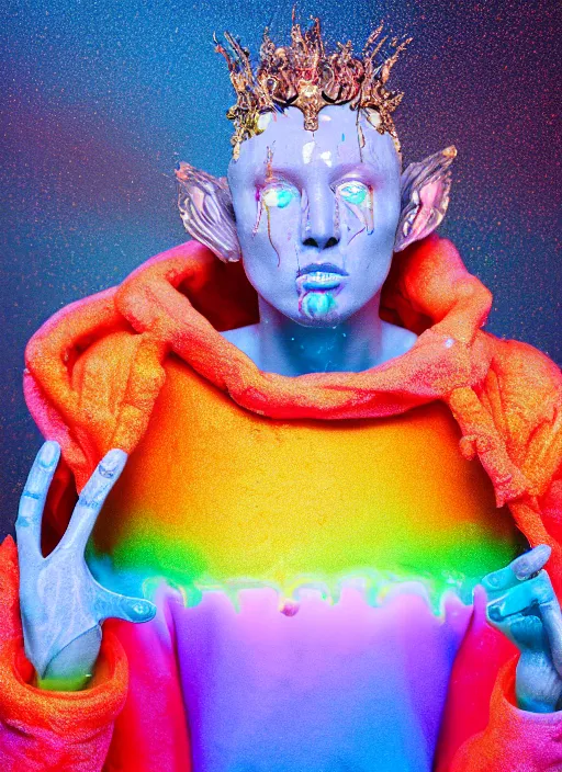 Image similar to photo of fullbodied baroque and bladerunner neon drippy tar sculpture of seductive ceramic albino ceramic prince anwar hadid dotado lavendar iridescent humanoid deity wearing orange plastic fluffy hoody holding diamond skull in a blue alien dungeon, reclining, glowing rainbow face, crown of white diamonds, cinematic lighting, photorealistic, octane render 8 k depth of field 3 d