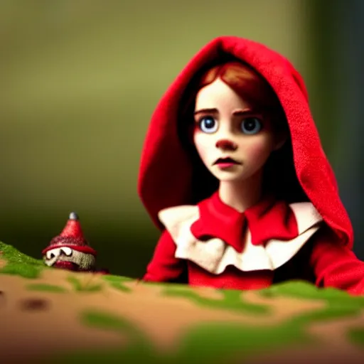 Image similar to a cinematic film still of a claymation stop motion film starring emma watson as little red riding hood, looking at wild wolf, shallow depth of field, 8 0 mm, f 1. 8