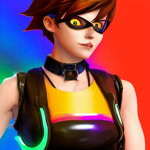 Image similar to portrait bust digital artwork of tracer overwatch, wearing black iridescent rainbow latex tank top, 4 k, expressive happy smug expression, makeup, in style of mark arian, angel wings, wearing detailed black leather collar, chains, black leather harness, detailed face and eyes,