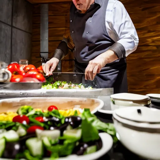 Image similar to Cook Chief Kevin O'Leary cooking a greek salad, in Shark Tank (2016), 50mm photography