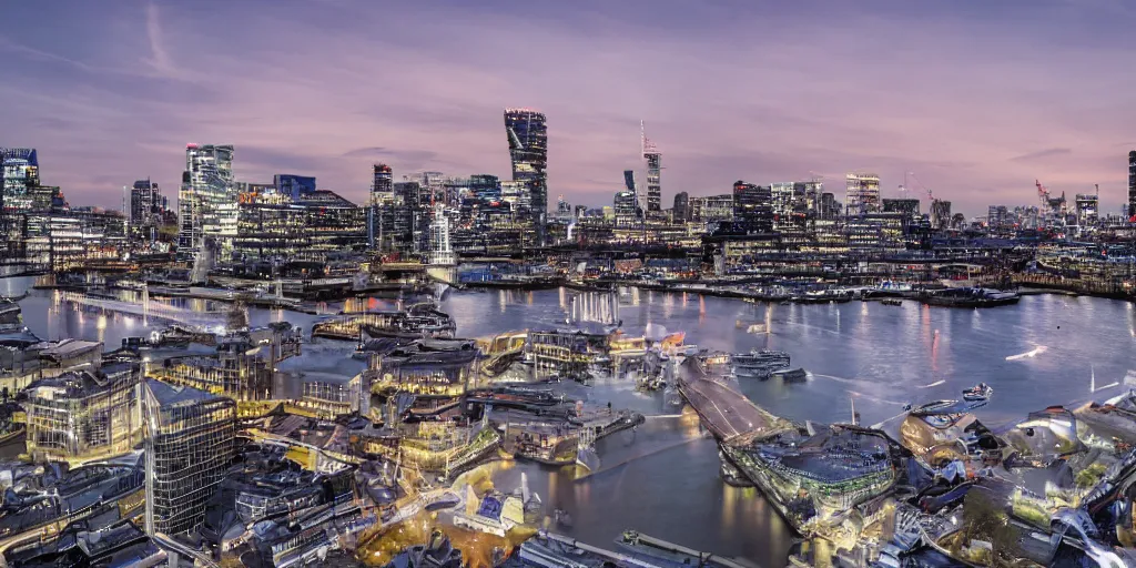 Image similar to high quality night photograph of docklands in london, dimly lit cirrus clouds, long exposure, architecture photography, ultrawide image