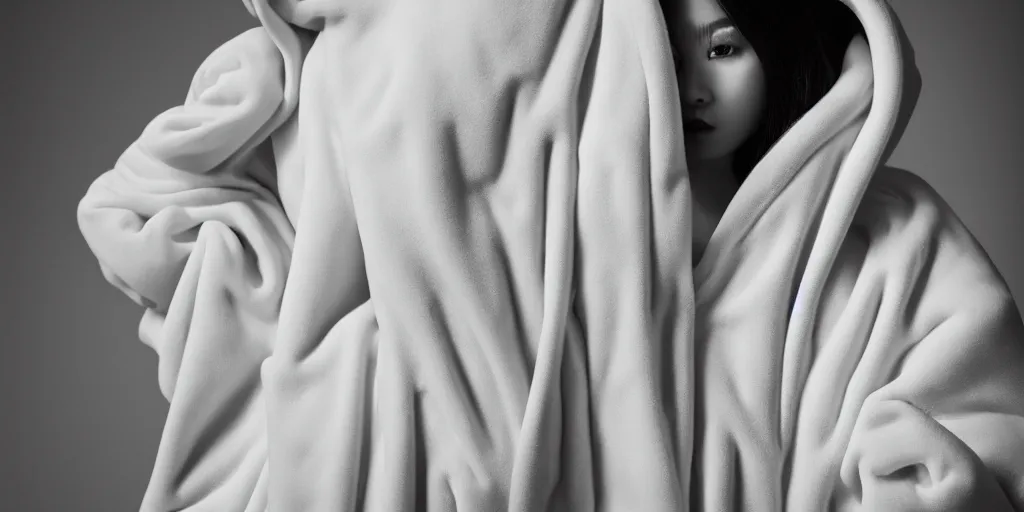 Image similar to well lit fashion shoot portrait of extremely beautiful female marble statue wearing huge over size puffer jacket by dingyun zhang, yeezy, balenciaga, vetements, a cold wall, sharp focus, clear, detailed,, cinematic, detailed, off white, glamourous, symmetrical, vogue, editorial, fashion, magazine shoot, glossy