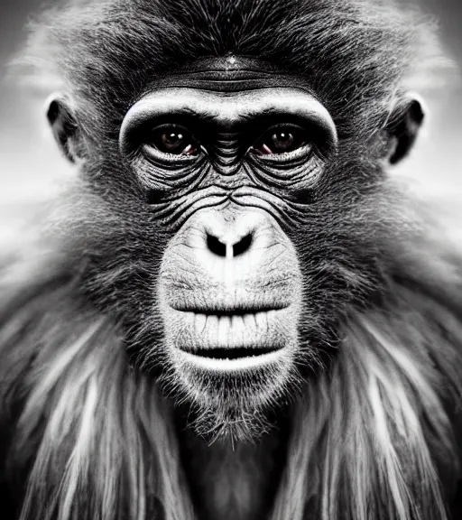 Prompt: Award winning Editorial photograph of Early-medieval Scandinavian Folk monkey with incredible hair and fierce hyper-detailed eyes by Lee Jeffries, 85mm ND 4, perfect lighting, wearing traditional garb, With huge sharp jagged Tusks and sharp horns, gelatin silver process